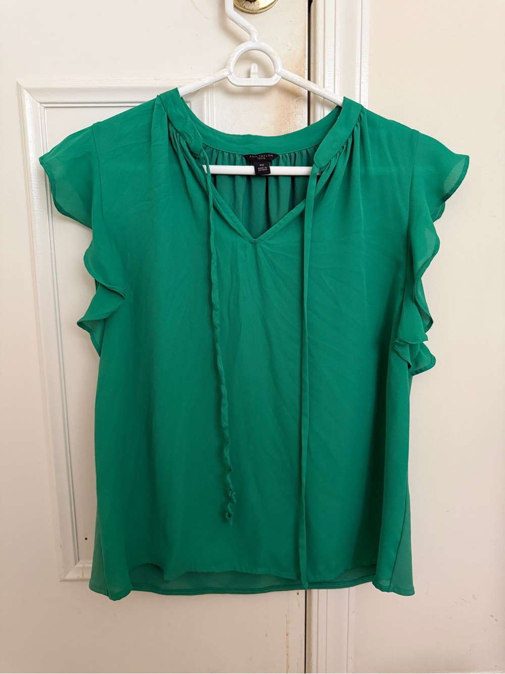 Ann Taylor Emerald Green Ruffle Cap Sleeve Tie-Front Blouse